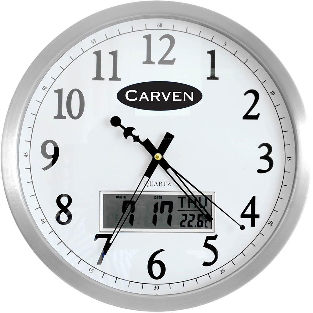 Image for CARVEN WALL CLOCK WITH LED DATE 350MM ALUMINIUM FRAME from Office Products Depot Gold Coast