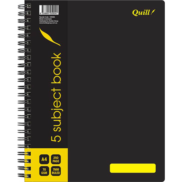 Image for QUILL Q596 5-SUBJECT NOTE BOOK SPIRALBOUND 70GSM A4 250 PAGE BLACK from Ross Office Supplies Office Products Depot