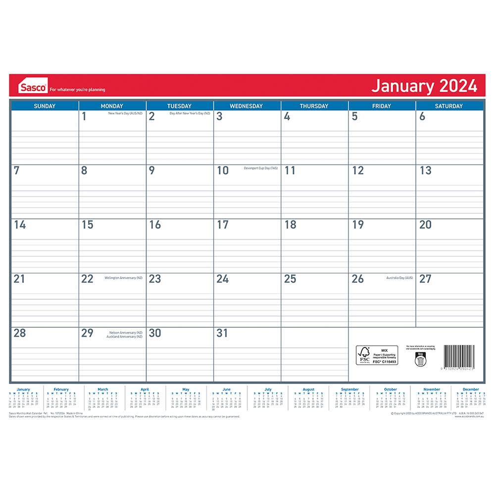 Image for SASCO 10720 DELUXE 512 X 376MM DESK AND WALL PLANNER from Tristate Office Products Depot
