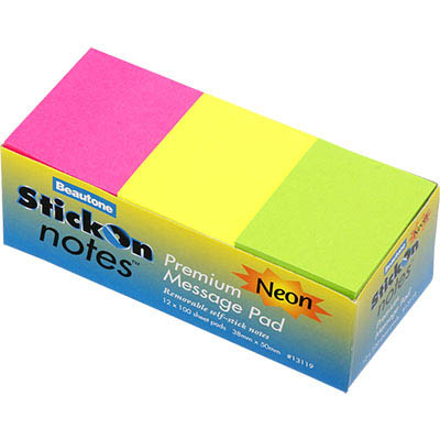 Image for STICK-ON NOTES 50 SHEETS 38 X 50MM NEON ASSORTED PACK 12 from Total Supplies Pty Ltd