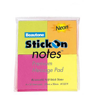 Image for STICK-ON NOTES 50 SHEETS 38 X 50MM NEON ASSORTED PACK 4 from Total Supplies Pty Ltd