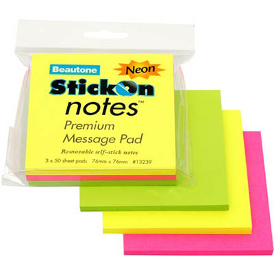 Image for STICK-ON NOTES 50 SHEETS 76 X 76MM NEON ASSORTED PACK 3 from MOE Office Products Depot Mackay & Whitsundays