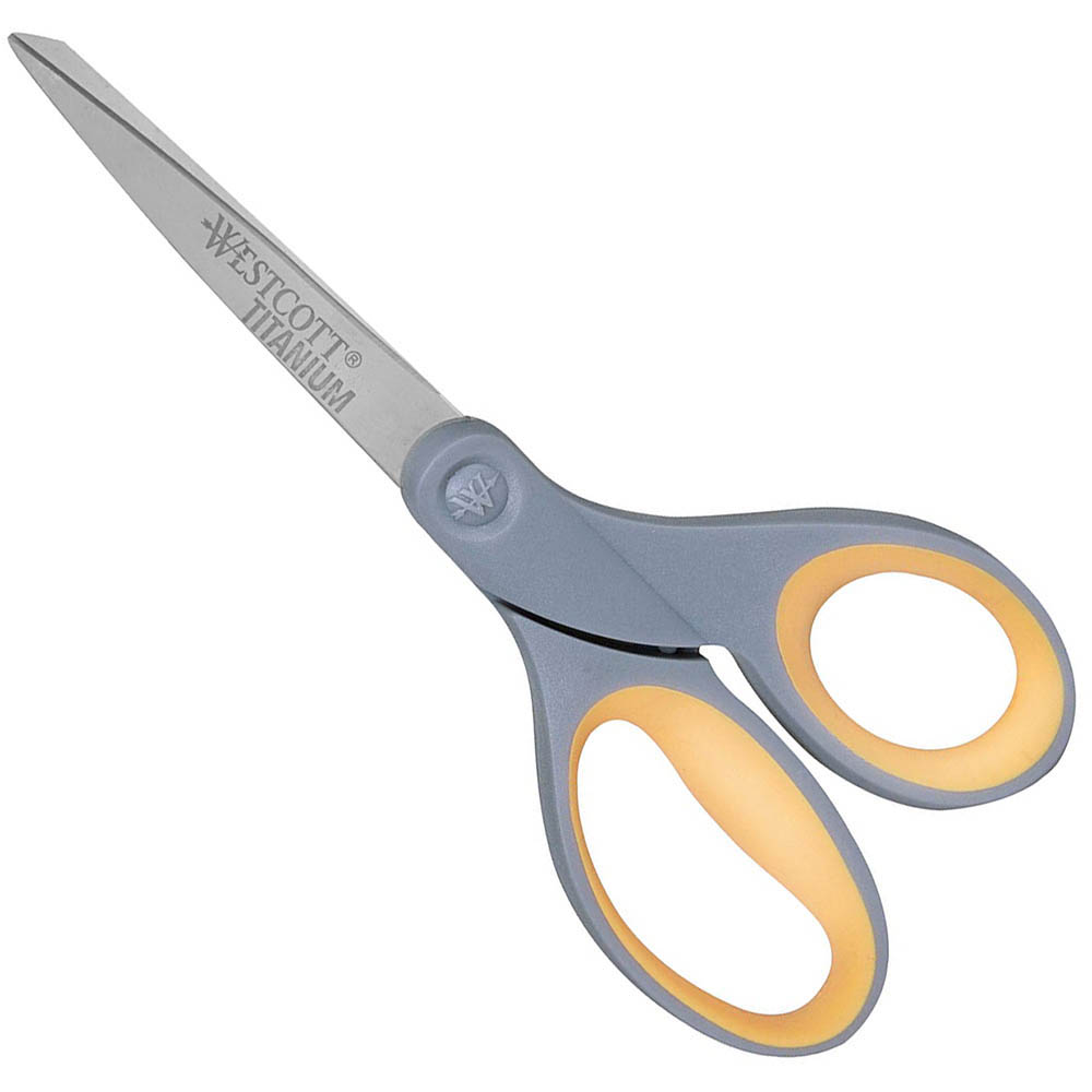 Image for WESTCOTT TITANIUM BONDED SCISSORS CLIPPED TIP STRAIGHT HANDLE 8 INCH GREY/YELLOW from MOE Office Products Depot Mackay & Whitsundays
