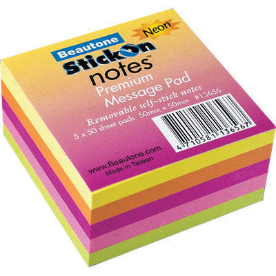 Image for STICK-ON NOTES 50 SHEETS 50 X 50MM NEON ASSORTED from Albany Office Products Depot