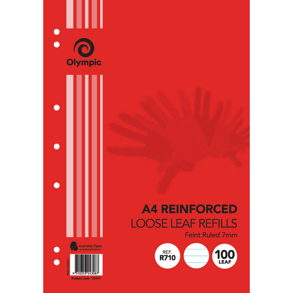 Image for OLYMPIC R710 REINFORCED LOOSE LEAF REFILL 7MM FEINT RULED 55GSM A4 PACK 100 from Total Supplies Pty Ltd