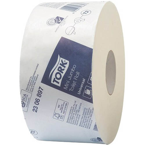 Image for TORK 2306897 T2 UNIVERSAL MINI JUMBO TOILET ROLL 1-PLY 400M WHITE CARTON 12 from Barkers Rubber Stamps & Office Products Depot