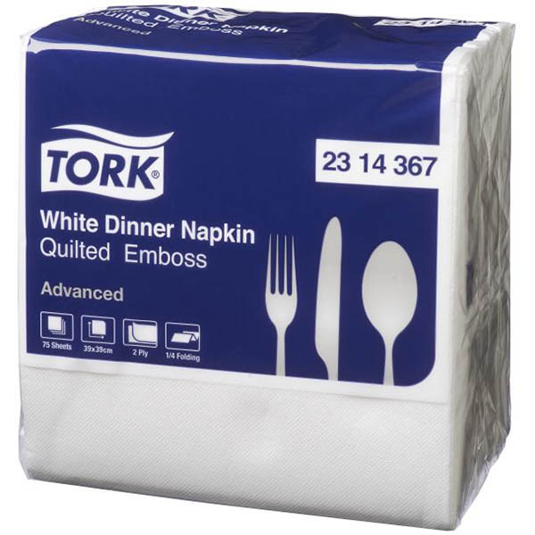 Image for TORK 2314367 QUILTED EMBOSS DINNER NAPKIN 2-PLY 390 X 390MM WHITE PACK 75 from Ross Office Supplies Office Products Depot