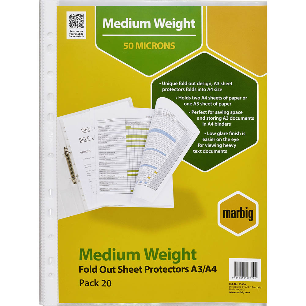 Image for MARBIG MEDIUMWEIGHT COPYSAFE SHEET PROTECTORS FOLD OUT A4 PACK 20 from MOE Office Products Depot Mackay & Whitsundays