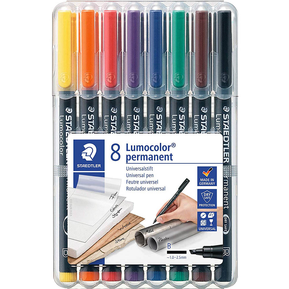 Image for STAEDTLER 314 LUMOCOLOR PERMANENT MARKER CHISEL 2.5MM ASSORTED WALLET 8 from MOE Office Products Depot Mackay & Whitsundays