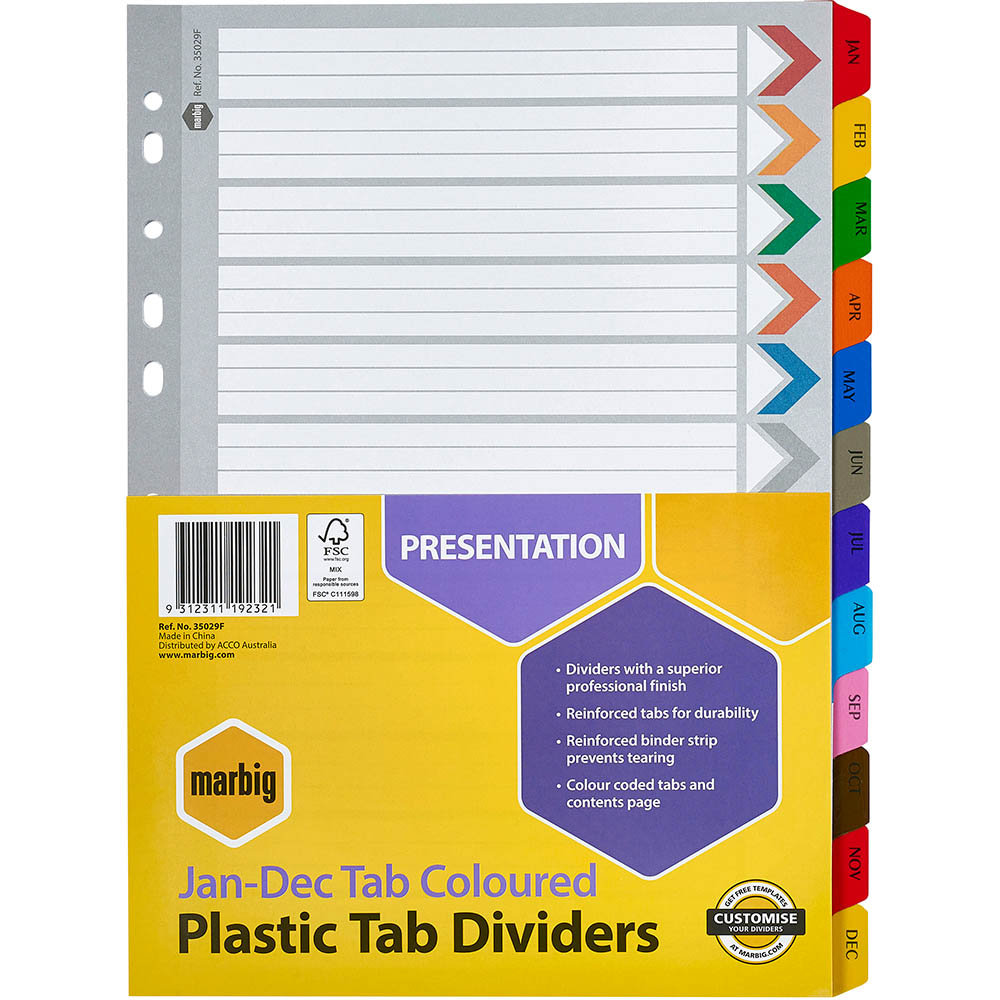 Image for MARBIG INDEX DIVIDER MANILLA JAN-DEC TAB A4 ASSORTED from O'Donnells Office Products Depot