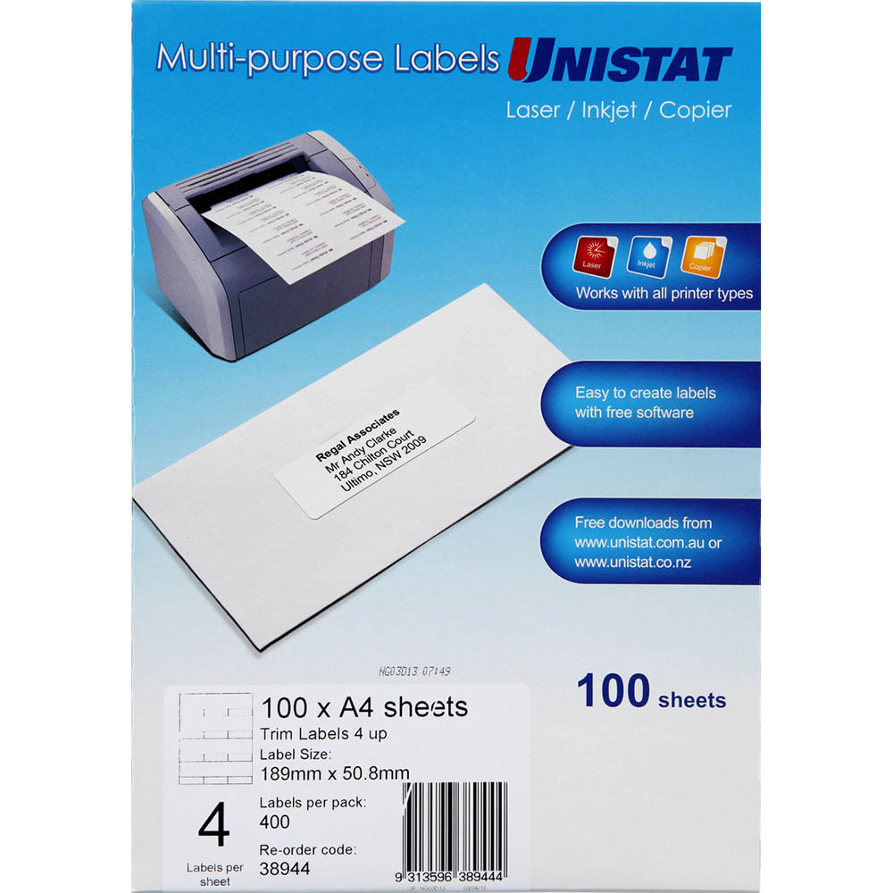 Image for UNISTAT 38944 MULTI-PURPOSE LABEL 4UP 189 X 50.8MM PACK 100 from Total Supplies Pty Ltd
