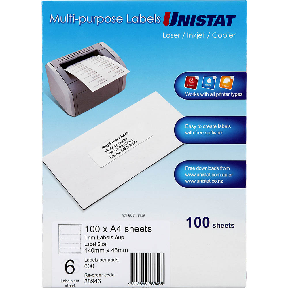 Image for UNISTAT 38946 MULTI-PURPOSE LABEL 6UP 45.5 X 139.7MM PACK 100 from Total Supplies Pty Ltd