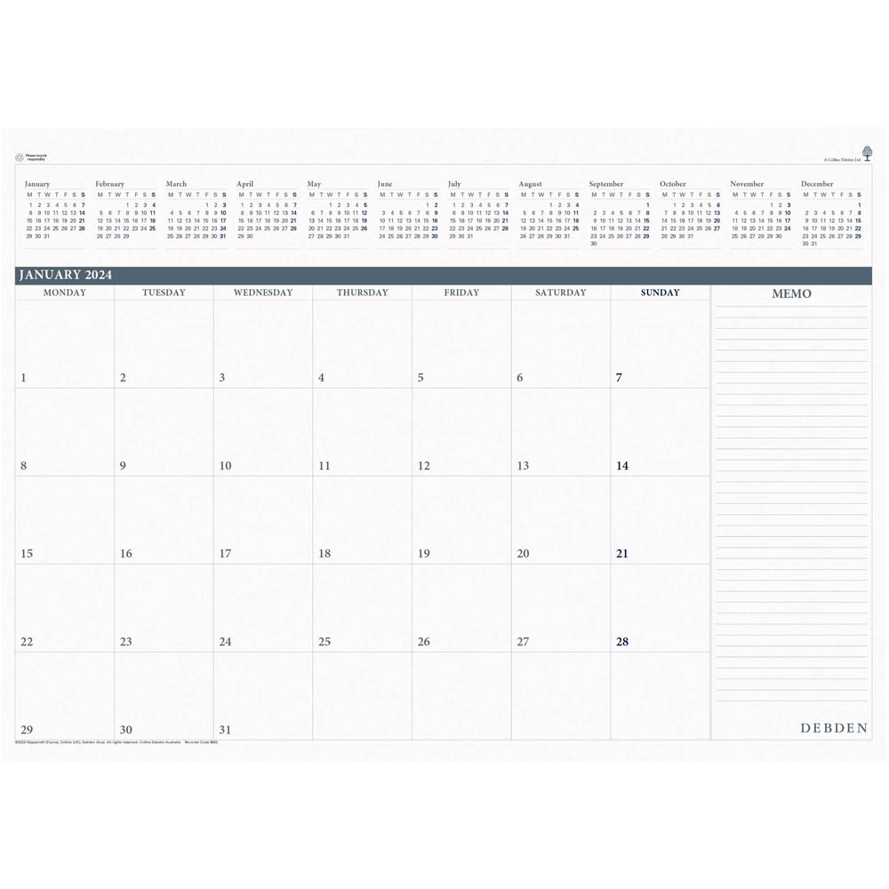 Image for DEBDEN TABLE TOP PLANNER 3902.CRF REFILL PAD MONTH TO VIEW 370 X 530MM from Ross Office Supplies Office Products Depot