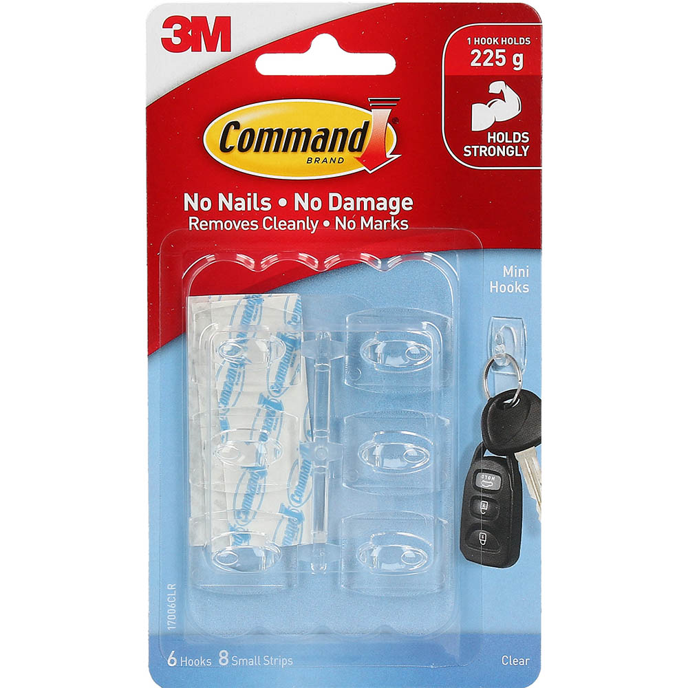 Image for COMMAND ADHESIVE MINI CLEAR HOOKS WITH CLEAR STRIPS from MOE Office Products Depot Mackay & Whitsundays