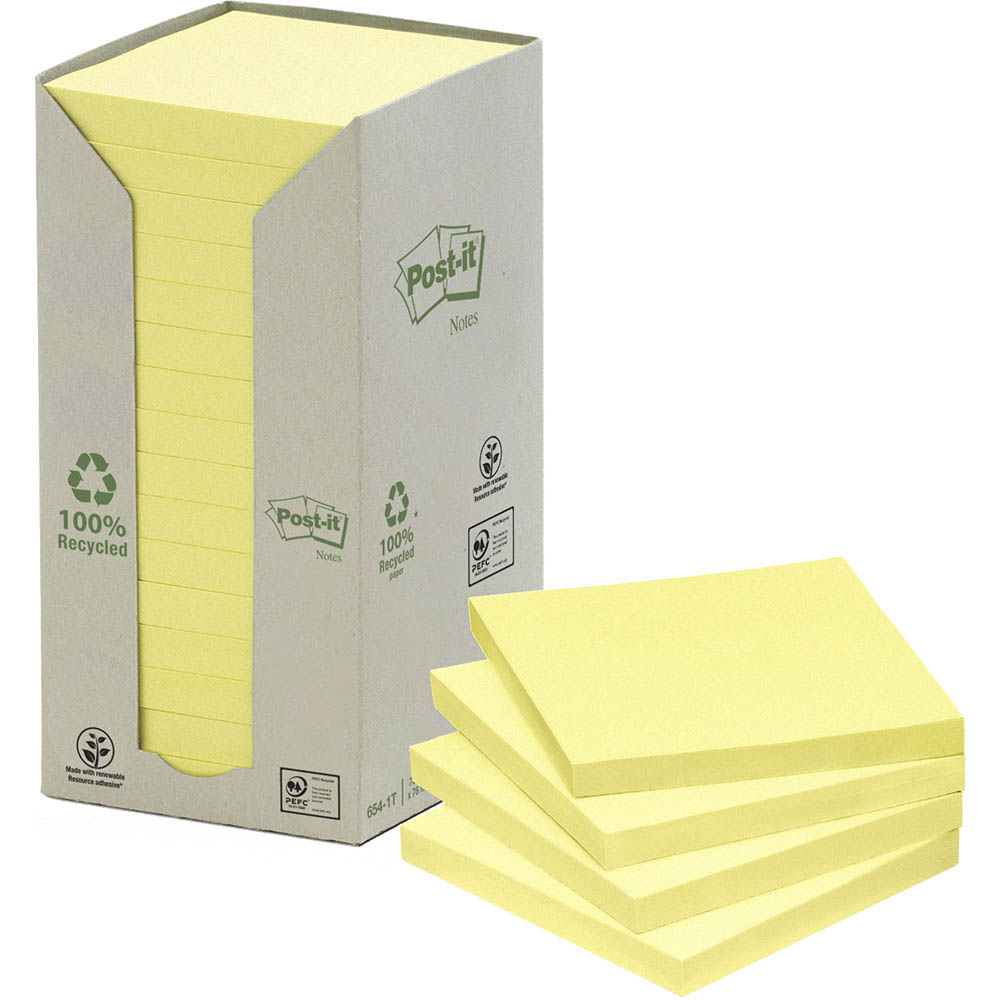 Image for POST-IT 654-1T 100% RECYCLED NOTES 76 X 76MM YELLOW PACK 16 from Ross Office Supplies Office Products Depot