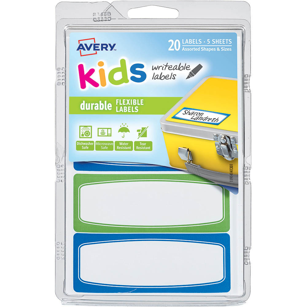 Image for AVERY 41413 KIDS WRITEABLE LABELS RECTANGULAR ASSORTED BLUE/GREEN PACK 20 from Ross Office Supplies Office Products Depot