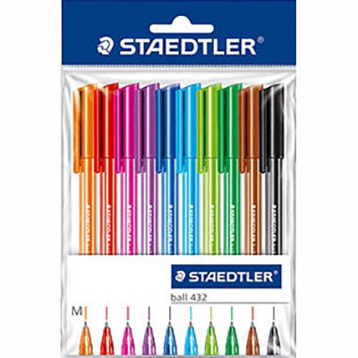 Image for STAEDTLER 432 TRIANGULAR BALLPOINT STICK PEN MEDIUM ASSORTED PACK 10 from Total Supplies Pty Ltd
