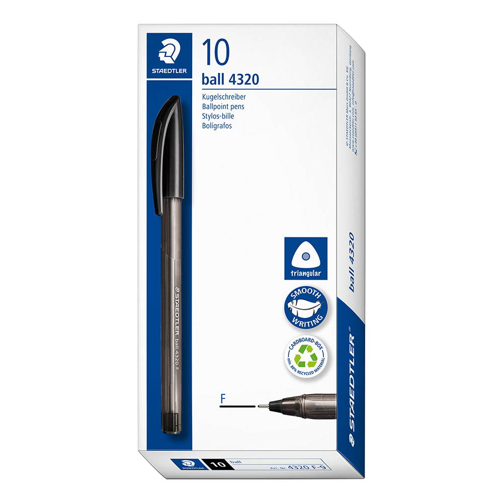 Image for STAEDTLER 4320 TRIANGULAR BALLPOINT STICK PEN FINE BLACK BOX 10 from Ross Office Supplies Office Products Depot