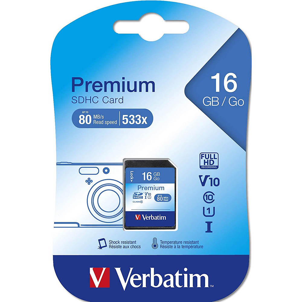 Image for VERBATIM PREMIUM SDHC MEMORY CARD CLASS 10 16GB from MOE Office Products Depot Mackay & Whitsundays