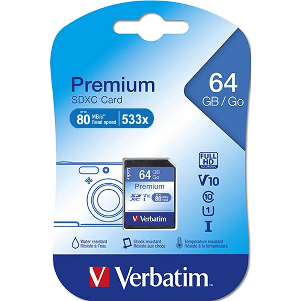 Image for VERBATIM PREMIUM SDXC MEMORY CARD UHS-I V10 U1 CLASS 10 64GB from Albany Office Products Depot
