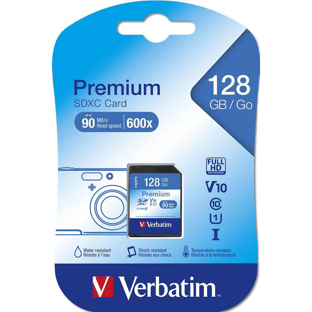 Image for VERBATIM PREMIUM SDXC MEMORY CARD UHS-I V10 U1 CLASS 10 128GB from Albany Office Products Depot