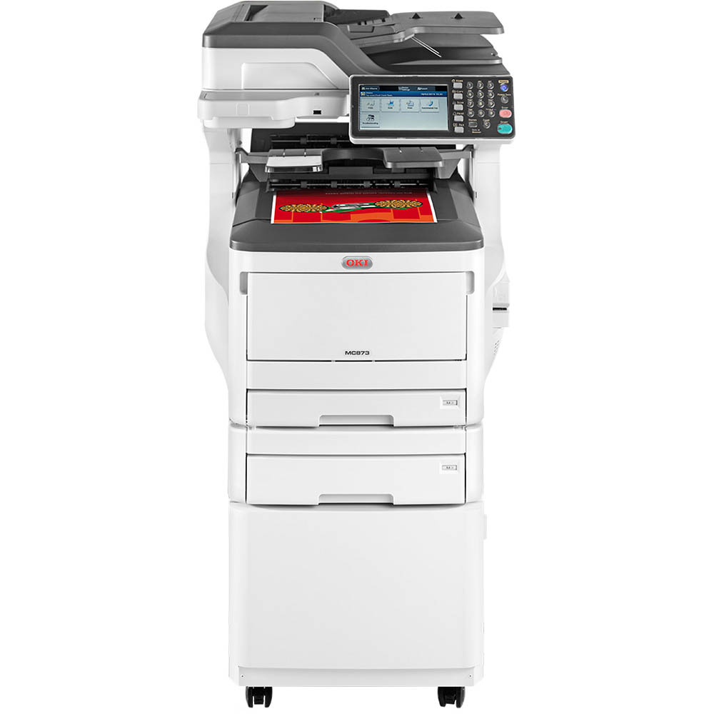 Image for OKI MC873DNCT MULTIFUNCTION COLOUR LASER PRINTER DUPLEX, NETWORKED, 2ND PAPER TRAY, CABINET A3 from Albany Office Products Depot