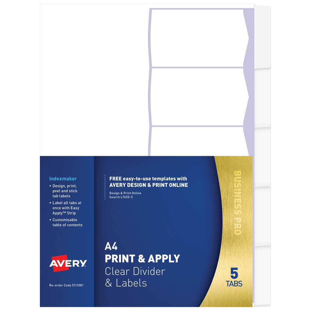 Image for AVERY 5111081 L7455-5 DIVIDER PRINT AND APPLY 5-TAB CLEAR from MOE Office Products Depot Mackay & Whitsundays