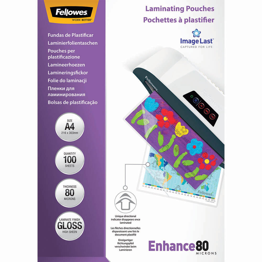 Image for FELLOWES ENHANCE LAMINATING POUCH GLOSS 80 MICRON A4 CLEAR PACK 100 from MOE Office Products Depot Mackay & Whitsundays