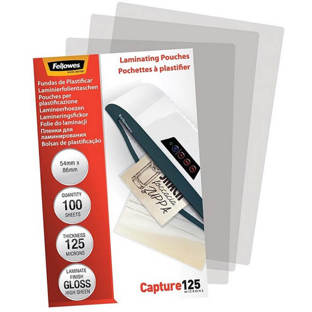 Image for FELLOWES LAMINATING POUCH GLOSS 125 MICRON 54 X 86MM CLEAR PACK 100 from Office Business Office Products Depot
