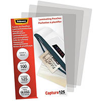 fellowes laminating pouch gloss 125 micron 54 x 86mm clear pack 100