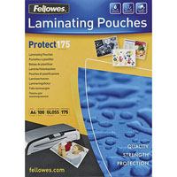 fellowes laminating pouch gloss 175 micron 59 x 83mm clear pack 100
