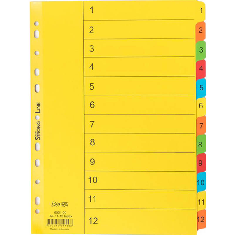 Image for BANTEX MANILLA INDEX DIVIDER 1-12 TAB A4 BRIGHT COLOURS from MOE Office Products Depot Mackay & Whitsundays
