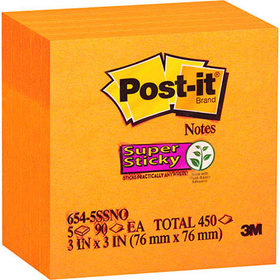 Image for POST-IT 654-5SSNO SUPER STICKY NOTES 76 X 76MM NEON ORANGE PACK 5 from Office Products Depot Gold Coast
