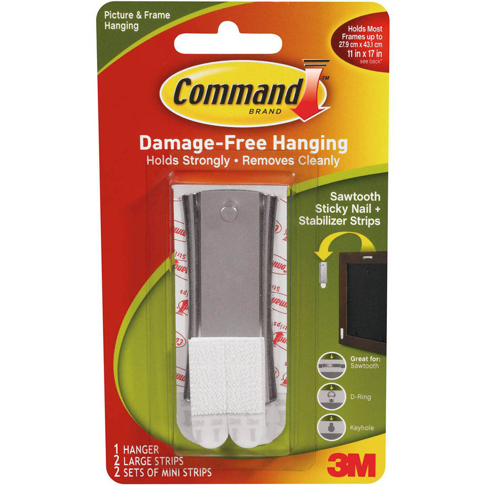 Image for COMMAND ADHESIVE SAWTOOTH STICKY NAIL PICTURE HANGERS METAL PACK 1 HANGER, 2 STRIPS AND 2 STABILIZER STRIPS from Ross Office Supplies Office Products Depot