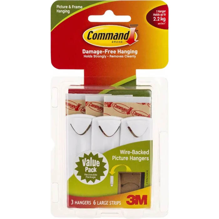 Image for COMMAND ADHESIVE PICTURE HANGERS WIRE-BACKED WHITE VALUE PACK 3 HANGERS AND 6 STRIPS from MOE Office Products Depot Mackay & Whitsundays