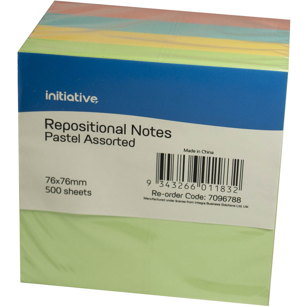Image for INITIATIVE REPOSITIONAL NOTES CUBE 76 X 76MM PASTEL ASSORTED 500 SHEETS from Barkers Rubber Stamps & Office Products Depot