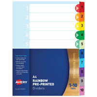 avery 88710 divider plastic 1-10 index tab a4 rainbow