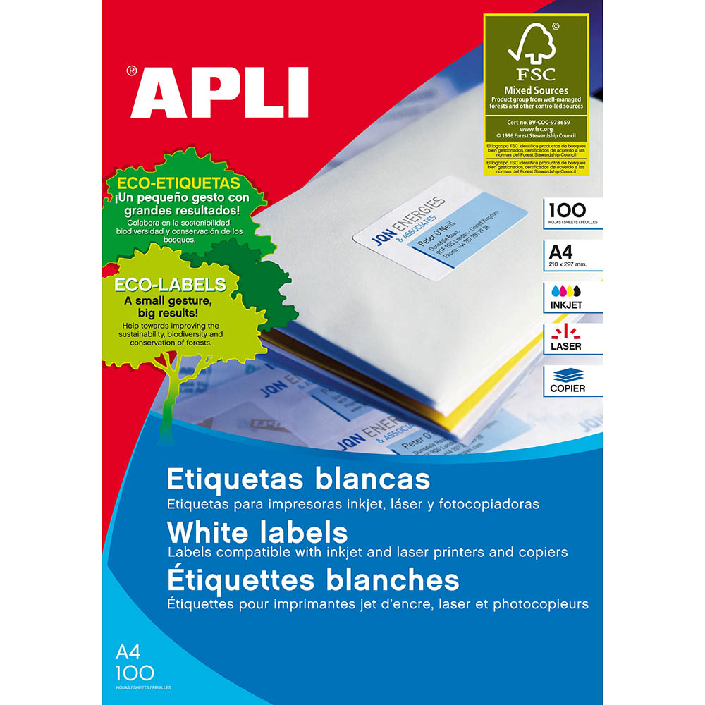 Image for APLI 2411 GENERAL USE LABELS SQUARE CORNERS 10UP 99 X 57MM A4 WHITE PACK 100 SHEETS from Ross Office Supplies Office Products Depot