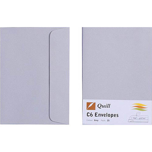 Image for QUILL C6 COLOURED ENVELOPES PLAINFACE STRIP SEAL 80GSM 114 X 162MM GREY PACK 25 from Office Products Depot