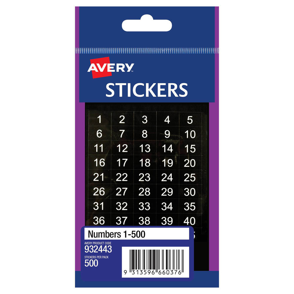 Image for AVERY 932443 MULTI-PURPOSE STICKERS 1-500 12 X 12MM WHITE ON BLACK PACK 500 from Ross Office Supplies Office Products Depot