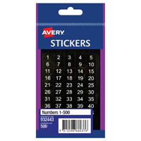 avery 932443 multi-purpose stickers 1-500 12 x 12mm white on black pack 500