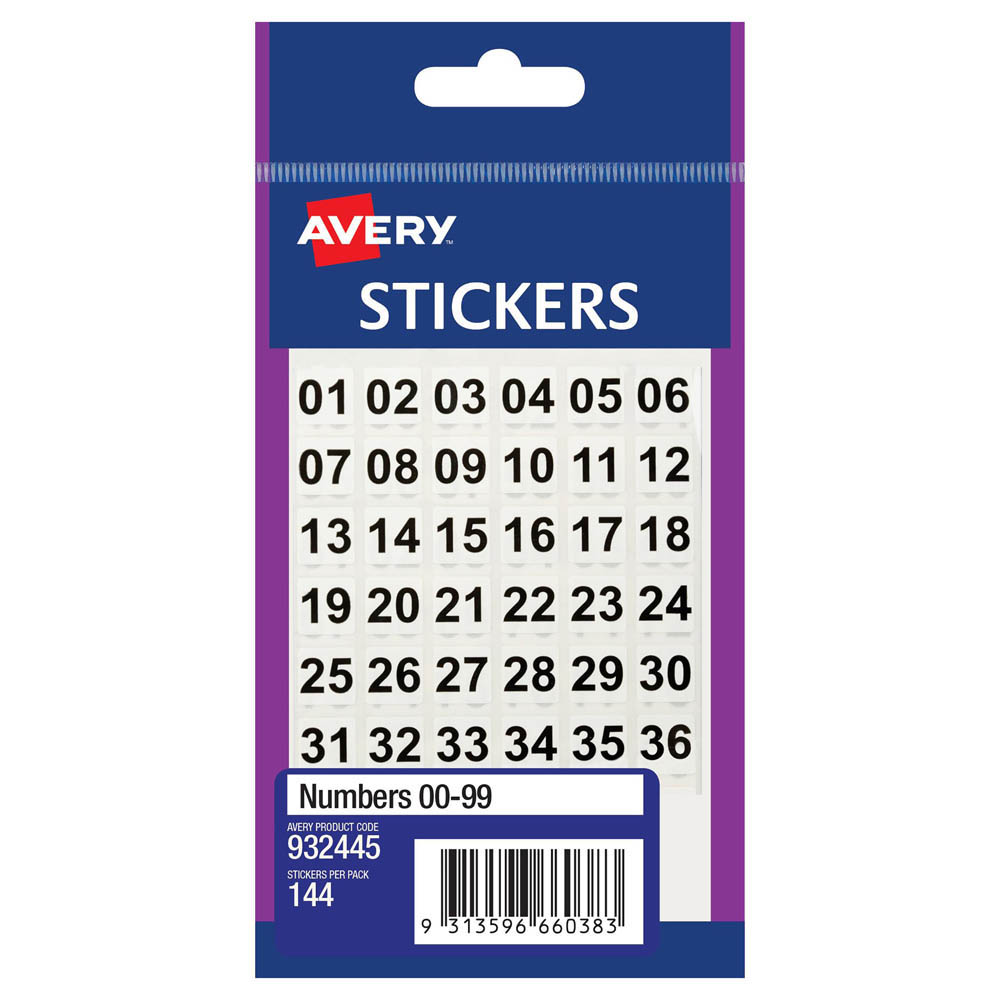 Image for AVERY 932445 MULTI-PURPOSE STICKERS 00-99 11 X 11MM BLACK ON WHITE PACK 144 from Ross Office Supplies Office Products Depot