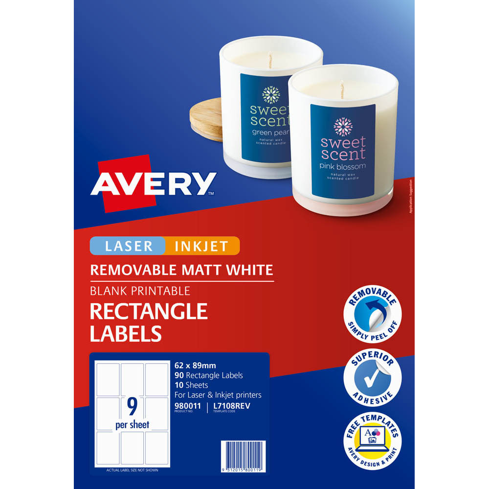 Image for AVERY 980011 L7108REV REMOVABLE BLANK PRINTABLE LABELS RECTANGULAR LASER/INKJET WHITE PACK 90 from Office Products Depot