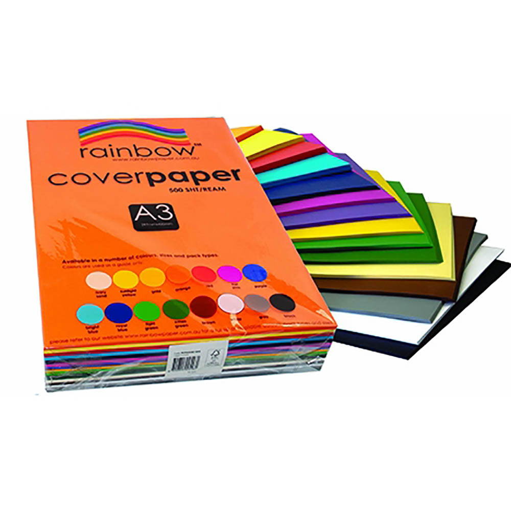 Image for RAINBOW COVER PAPER 125GSMM A3 ASSORTED PACK 500 from Office Products Depot