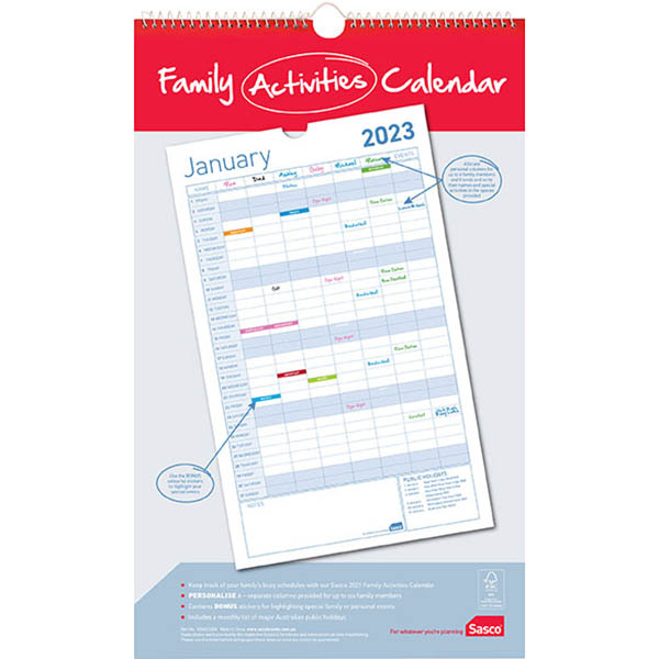 Image for SASCO 10540 FAMILY 250 X 410MM ACTIVITY WALL CALENDAR from Tristate Office Products Depot