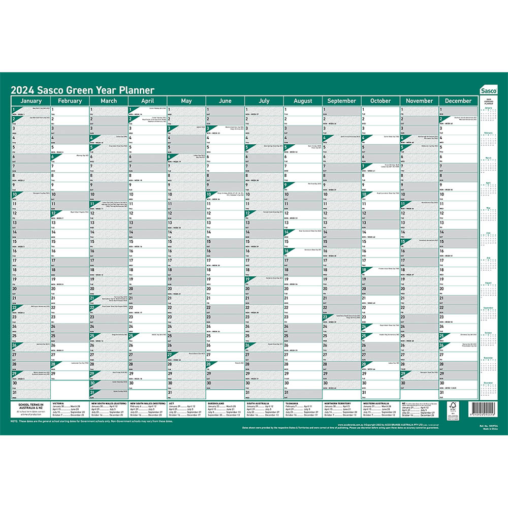 Image for SASCO 10597 GREEN 500 X 700MM YEAR PLANNER from Albany Office Products Depot
