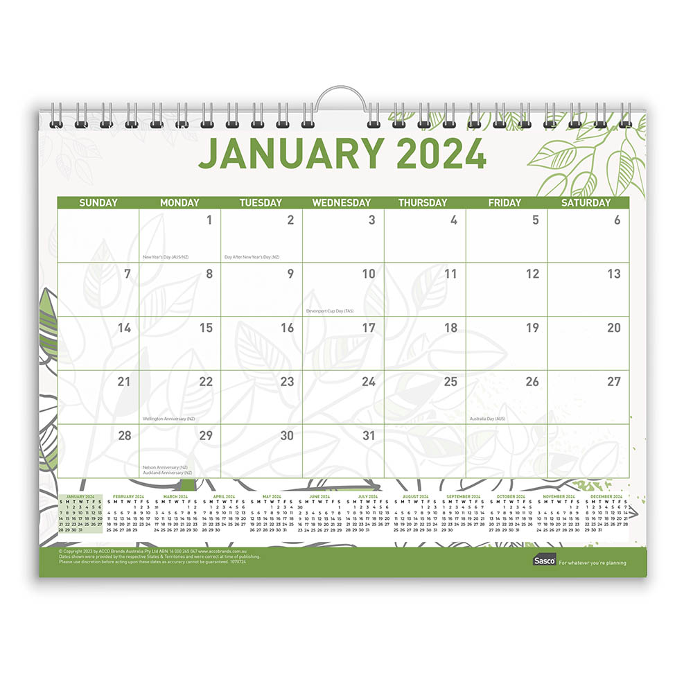 Image for SASCO 10707  ECO LARGE 380 X 300MM WALL CALENDAR from Ross Office Supplies Office Products Depot