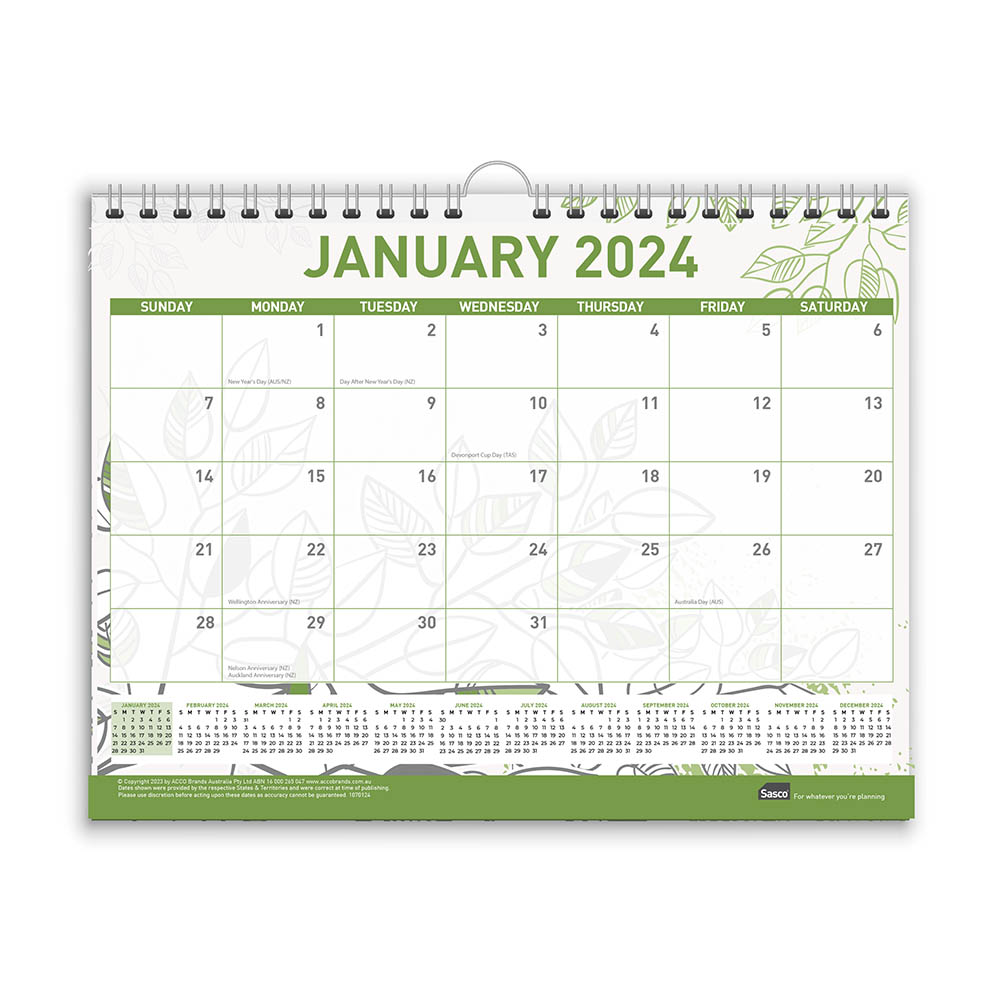 Image for SASCO 10710 ECO SMALL 280 X 215MM WALL CALENDAR from Ross Office Supplies Office Products Depot