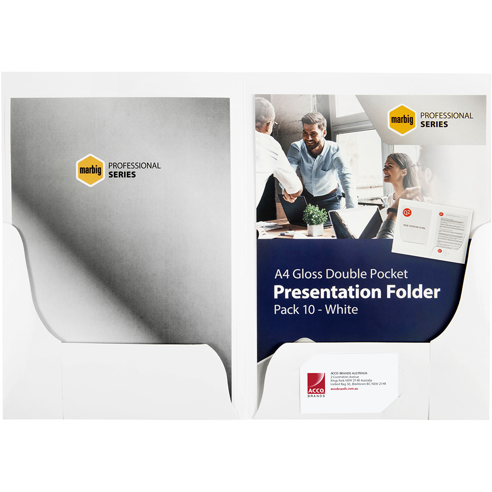 Image for MARBIG PROFESSIONAL PRESENTATION FOLDER DOUBLE POCKET A4 GLOSS WHITE PACK 10 from Margaret River Office Products Depot