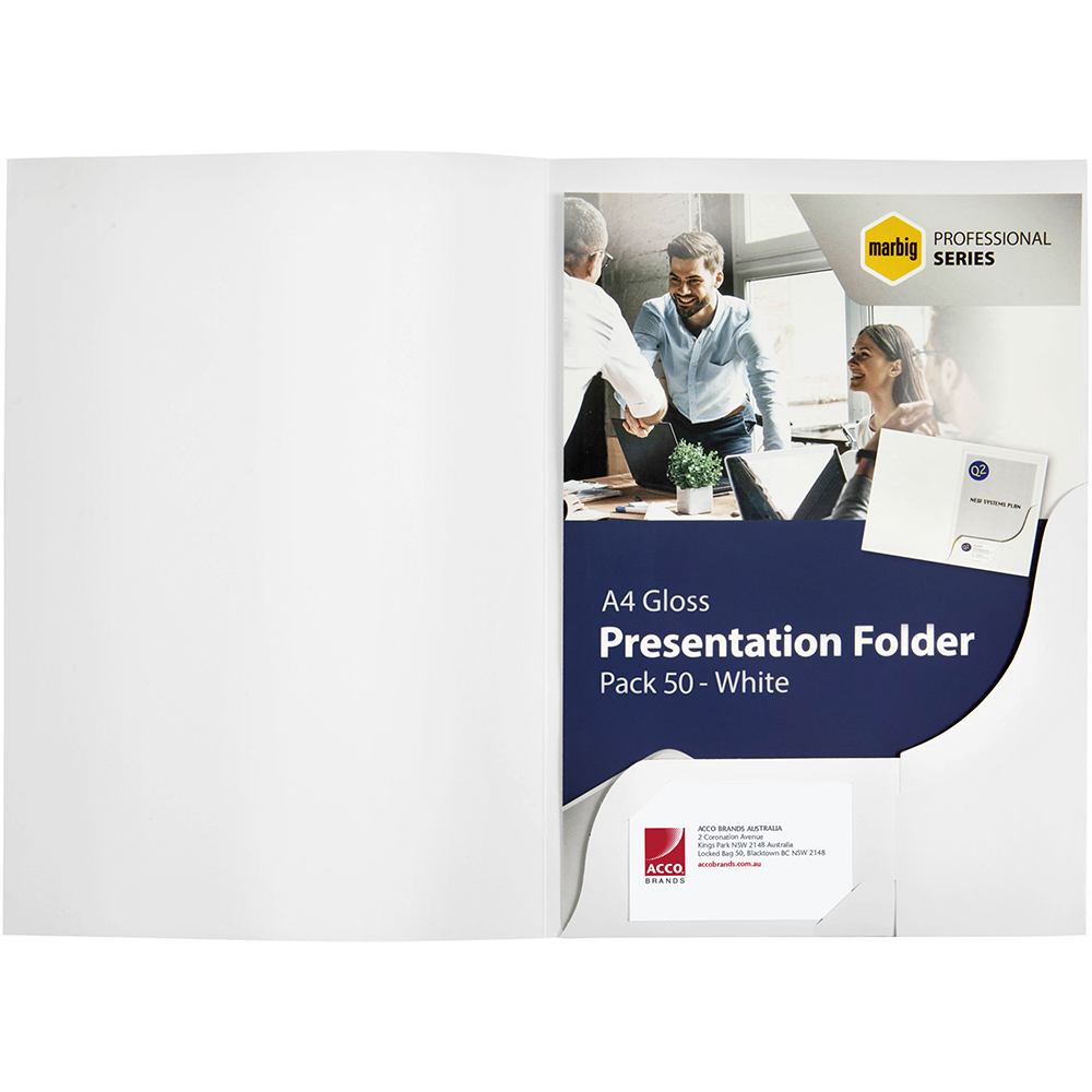 Image for MARBIG PROFESSIONAL PRESENTATION FOLDER A4 GLOSS WHITE PACK 50 from Margaret River Office Products Depot